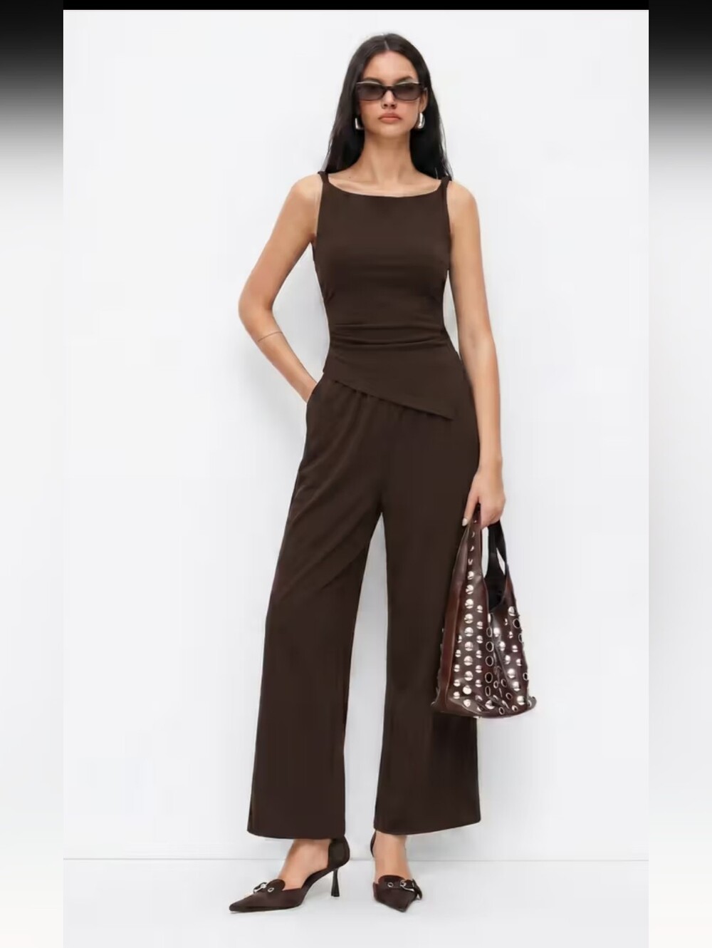 Cider Coffee Wide-Leg Jumpsuit with Asymmetrical Hem
